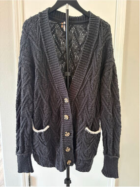 Free People Montana Cable Knit Cardigan Sweater Charcoal Black S Oversized